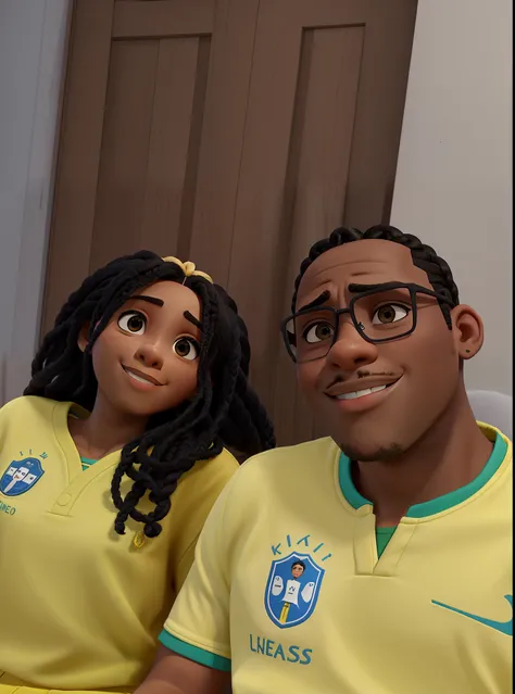 Um casal de jovens negros felizes, sentados tirando uma self, Man with shaved hair and woman with braids in hair. Foto no estilo anime