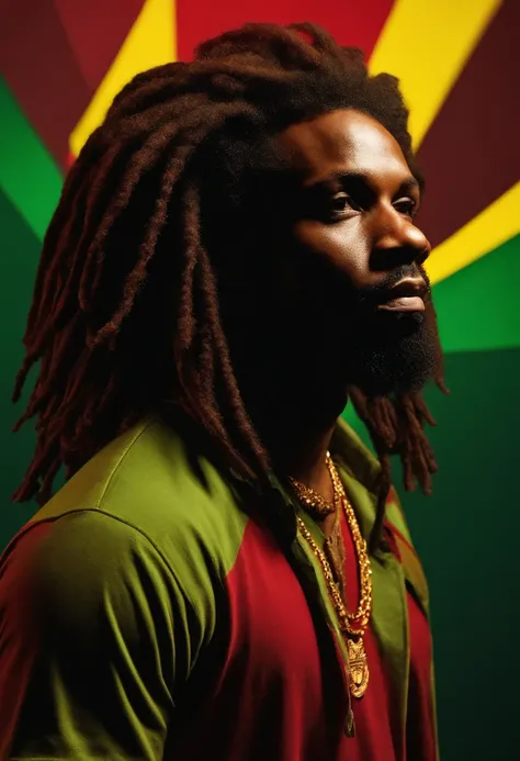 Create a logo with the head of a black man with dreadlocks in black colors, verde, amarelo e vermelho (olhando para a frente) , imagem estilo logomarca , Sober, (fundo preto), Image with resolution of at least 300dpi, UHD 8k, Very high quality for excellen...