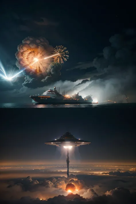 Futuristic machine wars fighting each other in the sky, The weather is rainy and thunderstorms, The ships are white, e atiram leser vermelhos, with smoke and explosions, aliens voando em volta da nave, e esta chovendo fogo, Alien spaceships are shaped like...