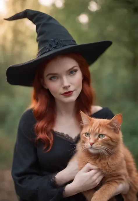 red-haired witch, witch hat, and her cat. pixar style, vibrant colors, magical lighting, enchanting scenery