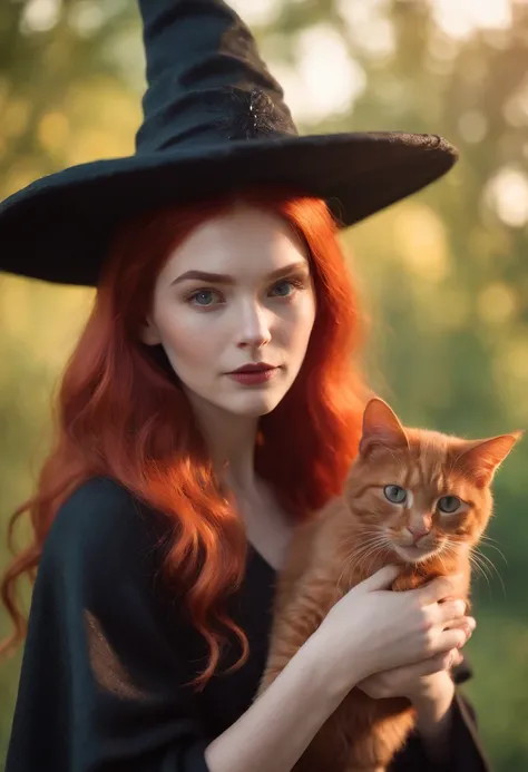 red-haired witch, witch hat, and her cat. pixar style, vibrant colors, magical lighting, enchanting scenery