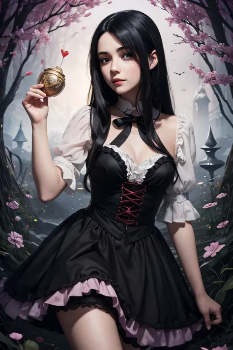 beautiful, human girl with black hair who appears in wonderland and fell in love with a boy but turned evil and crazy