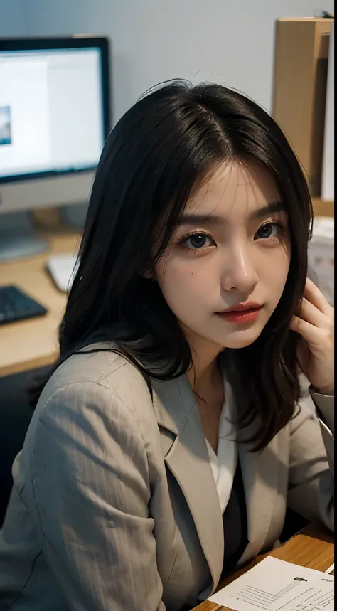 high resolucion, Realistic portrait of a professional Korean office lady with perfect skin, Professional Suit, Show confidence and maturity, Surrounded by a modern corporate environment., Highlights of vibrant, natural lighting. The work should emphasize h...