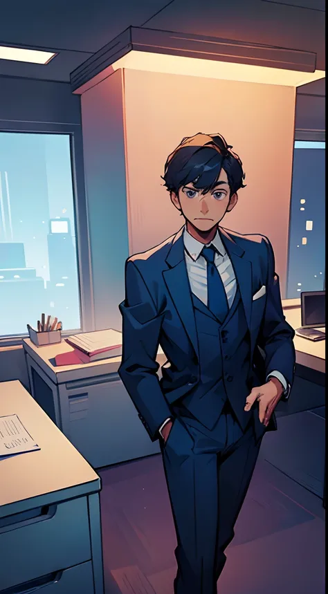 Man in business suit, In the office, stands upright, is looking at the camera