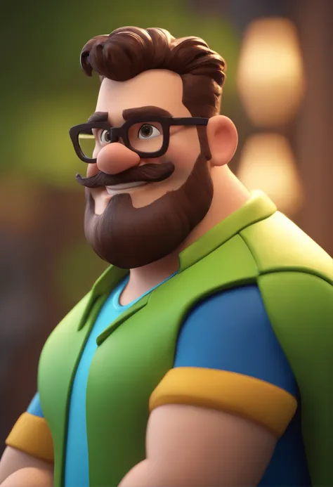 Cartoon character of a man with glasses, Neon green shirt and beard close up of a chubby man with goatee smiling in blue shirt, animation character, Caractere estilizado, animation style rendering, 3D estilizado, Arnold Maya render, 3 d render stylized, to...