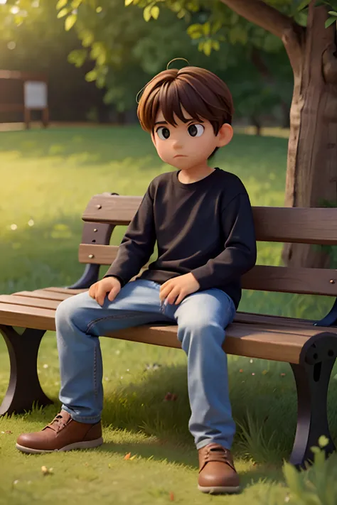 A imagem mostra um menino sentado em um banco de madeira, which is located near a fence. The boy is wearing a black shirt and appears to be looking at the camera. The bench is positioned in the middle of the scene, com a cerca estendendo-se para os lados e...