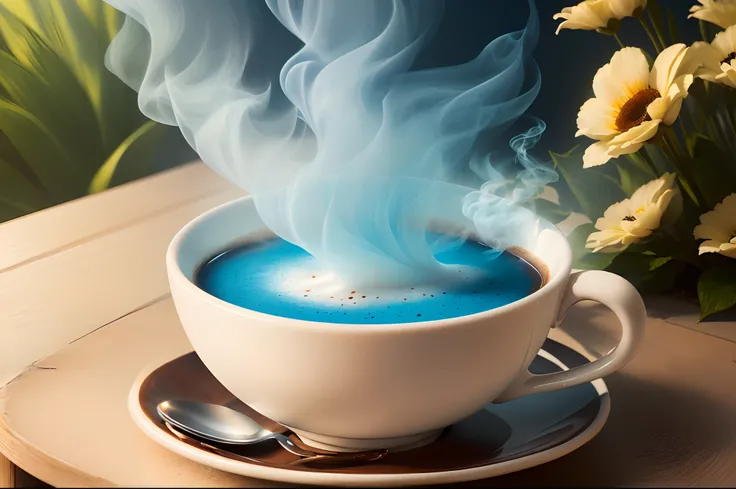 Cup of coffee coming out smoke, ceu azul no fundo, flores e borboletas,