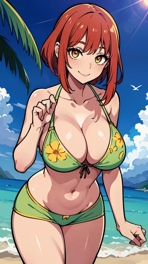 Masterpiece, Best quality, absurderes, perfect anatomia, 1girll, Solo, Pascal Tales, Short hair, Beautiful, cheerful big breasts, Sunny day, planties, Summer breeze, sun skirt, floral patterns, Wavy hair, Smiling