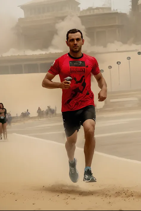 Arafed homem correndo em uma maratona com uma camisa vermelha, Raphael Personnaz, No estilo de Kyrill Kotashev, Anton, Craig Mullins 8 K, Alex Miranda, photos that go hard, david rios ferreira, Greg Rutkowski 8 mil, foto viral, Fotografia tirada em 2 0 2 0...