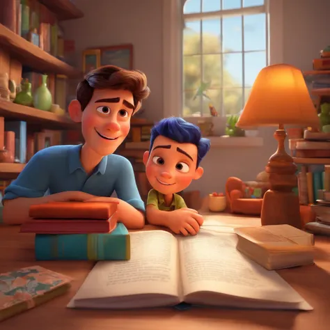 fundo branco, pixar desenhos animados 3D, homem lendo um livro, ::estilo pixar cartoon