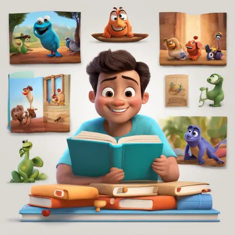 fundo branco, pixar desenhos animados 3D, homem lendo um livro, ::estilo pixar cartoon