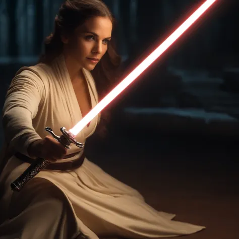 Mulher em um manto segurando um sabre de luz em um quarto escuro, segurando sabre de luz 4 k, Jedi Feminino, rei, Jedi com sabre de luz, com espada de sabre de luz, Personagem de Star Wars, sem sabre de luz, segurando um sabre de luz, com sabre de luz, Pap...