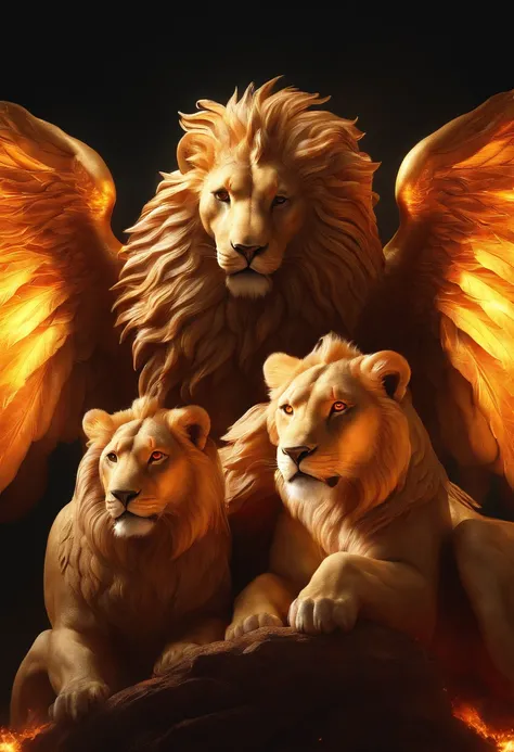 (bright, photorealistic:1.2),vibrant colors, (quadruple-headed cherubim: man, lion, eagle, bull), bright clear eyes, light particles and fire, abundant glow