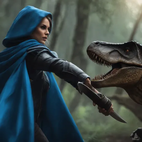 Lucas Bracey, Dinosaurios con lobos en la espalda ,(((Beautiful girl in blue cape and hood is fighting t-rex dinosaurs with a futuristic machete in her hands))), 8k, Foto RAW, (Piel altamente detallada: 1.2), (Metamorfosis expuesta: 1.1), (Espalda desnuda:...