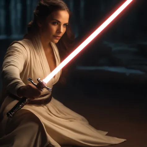 Mulher em um manto segurando um sabre de luz em um quarto escuro, segurando sabre de luz 4 k, Jedi Feminino, rei, Jedi com sabre de luz, com espada de sabre de luz, Personagem de Star Wars, sem sabre de luz, segurando um sabre de luz, com sabre de luz, Pap...