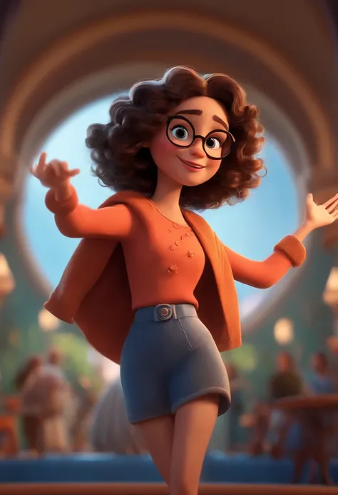 Pixar style image with 3D character white glasses brunette woman short curly hair dancing, Maquiagem Disney,Pescador, bonitinho, sorridente ,Close-up, Pixar, Disney, Cinema lighting,