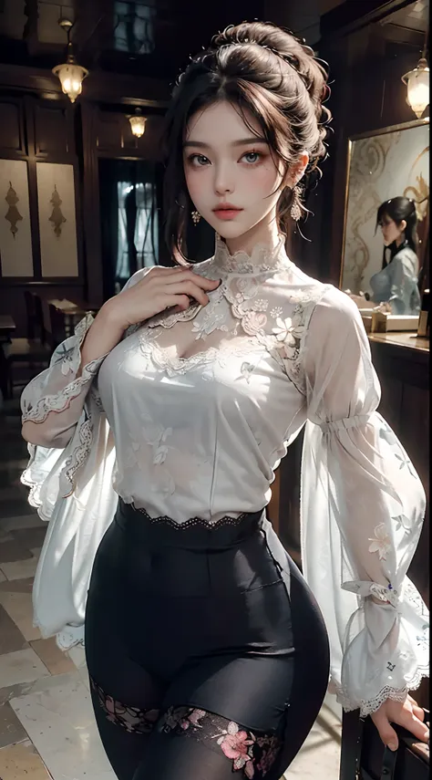 (wearing shirt blouse women's tops elegant sheer floral lace chiffon blouse high neck long sleeve voluminous sleeves plus size:1...