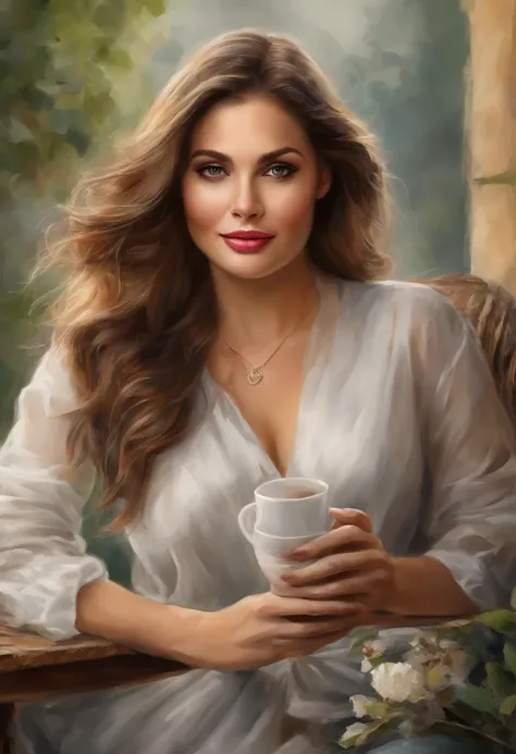 (Best quality,4K,8k,high resolucion,Masterpiece:1.2),Ultra-detailed,(Realstic,photoreallistic,photo-realistic:1.37),1Belle femme,Drinking coffee on a terrace with warm clothes,cheveux verts et noirs,Beauty face,Bewitching eyes,dark lipstick,Fashionable out...