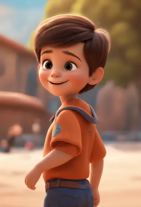 a happy cute kid standing short hair, vestindo uma fantasia espacial, , fundo branco, barnet, Tom, Estilo Pixar, ....3d, desenhos animados, rosto detalhado, asymmetrical 16k