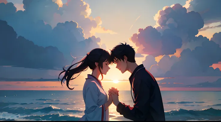 An anime-style illustration of a Korean couple, inspired by K-drama art, tenderly holding hands with a backdrop of a picturesque sunset. Pastel color palette, loving expressions, warm lighting, and a romantic atmosphere