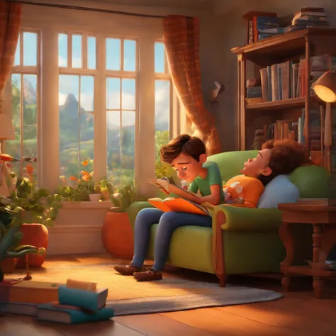 fundo branco, pixar desenhos animados 3D, homem lendo um livro, ::estilo pixar cartoon