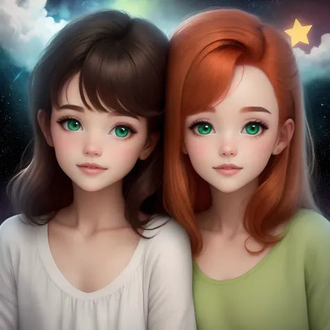 Criame una pareja estilo pixar chico pelo largo y ondulado color negro, auburn eyes , color de piel moreno estilo hawai y una chica de pelo largo negro, ojos verdes y color de piel blanca. 
"El Secreto de las Estrellas: Un Cuento Encantado"