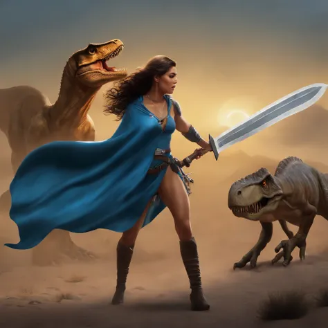 Lucas Bracey, Dinosaurios de color verde oliva con lobos en la espalda de color marron ,(((Beautiful girl in blue cape and hood is fighting t-rex dinosaurios with a futuristic machete in her hands))), 8k, Foto RAW, (Piel altamente detallada: 1.2), (Metamor...