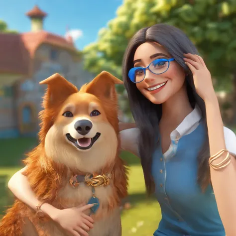 Mae loira cabelo compriso e olhos azuis e feliz, Hugging her 10-year-old son, olhos e cabelo castanho, wearing blue glasses and a dog with golden fur and black streaks and pointed ears, em um parque