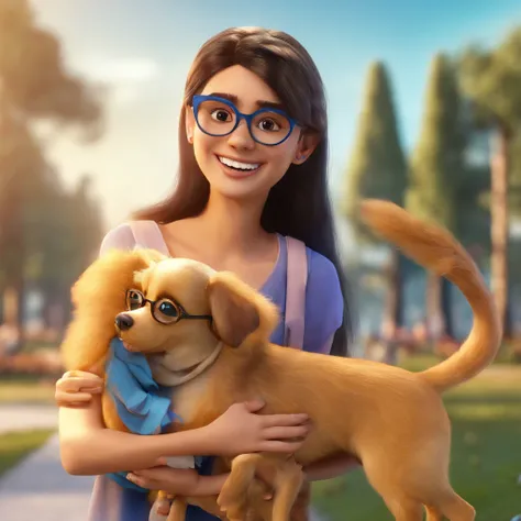 Mae loira cabelo compriso e olhos azuis e feliz, Hugging her 10-year-old son, olhos e cabelo castanho, wearing blue glasses and a dog with golden fur and black streaks and pointed ears, em um parque