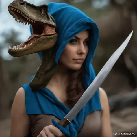 Lucas Bracey, Dinosaurios de color verde oliva con lobos en la espalda de color marron ,(((Beautiful girl in blue cape and hood is fighting t-rex dinosaurios with a futuristic machete in her hands))), 8k, Foto RAW, (Piel altamente detallada: 1.2), (Metamor...