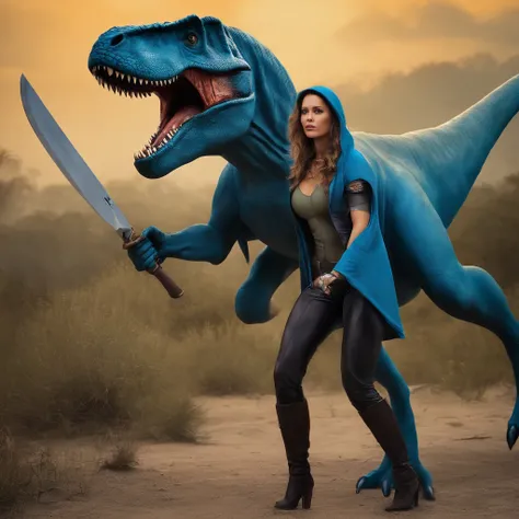 Lucas Bracey, Dinosaurios de color verde oliva con lobos en la espalda de color marron ,(((Beautiful girl in blue cape and hood is fighting t-rex dinosaurios with a futuristic machete in her hands))), 8k, Foto RAW, (Piel altamente detallada: 1.2), (Metamor...