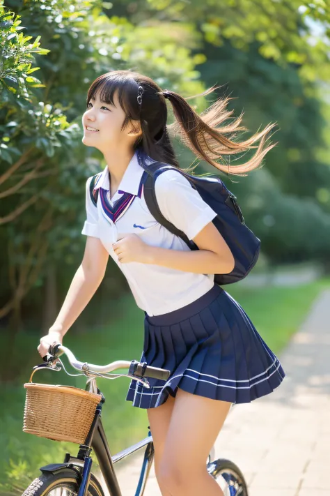 ((Beautiful schoolgirl、Beautuful Women、japanes,17 age))、(masutepiece:1.6,16K High Resolution),A fascinating body that bursts、school、Beautiful limbs、Riding a bike、cycling、invigorating、flowing in the wind