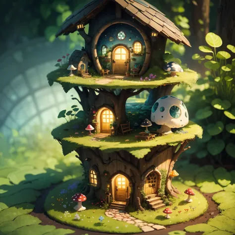 world in bottle，a fairytale-like hideout，multicolored mushroom house，fairy world