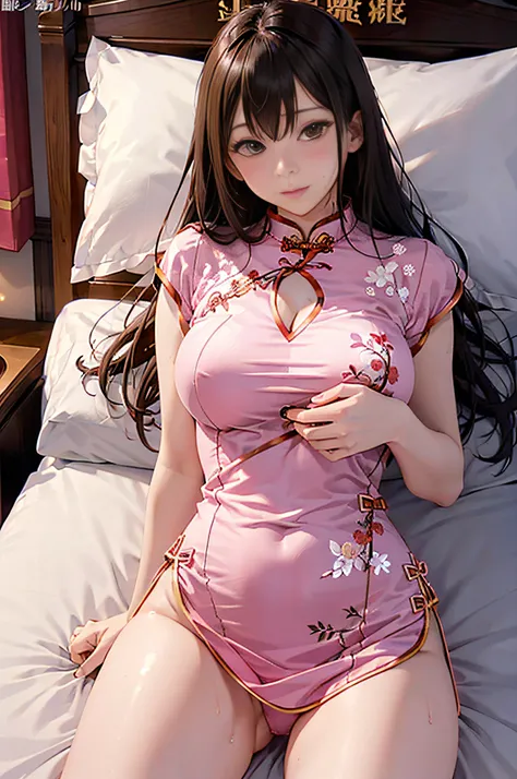 masutepiece,Best Quality,High resolution,Fine details,Solo,Adult Woman,blush,Curve,Large breasts,Sweat,Oily skin,((Pink Embroidered Cheongsam)),(On a luxury hotel bed),sexy hips、lyin in bed、Long Wave Hair、dark brown hair