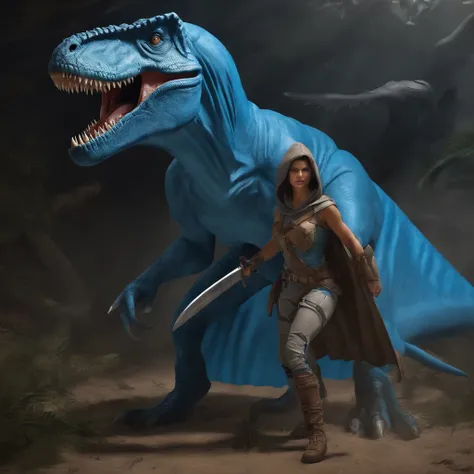 Lucas Bracey, Dinosaurios con lobos en la espalda ,(((Beautiful girl in blue cape and hood is fighting t-rex dinosaurs with a futuristic machete in her hands))), 8k, Foto RAW, (Piel altamente detallada: 1.2), (Metamorfosis expuesta: 1.1), (Espalda desnuda:...