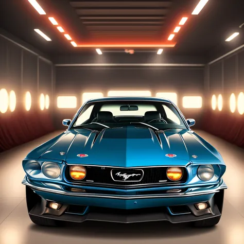 Brand new 1968 red ford mustang, sparkling new look, in a cinematig lighting showroom,