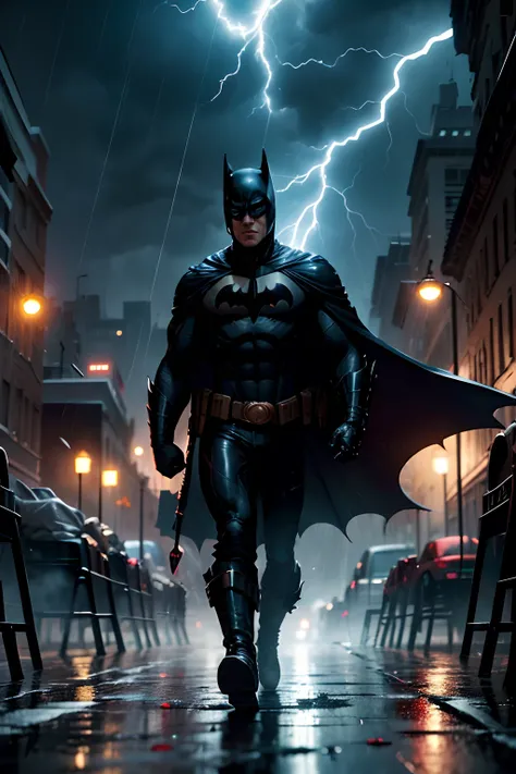 Nas ruas sombrias de Gotham, Torrential rain falls relentlessly as white and blue lightning tears across the night sky. O Batman, ferido e exausto, Face off against a horde of bloodthirsty criminals. Your body is a target for deep cuts, Bathing the night i...