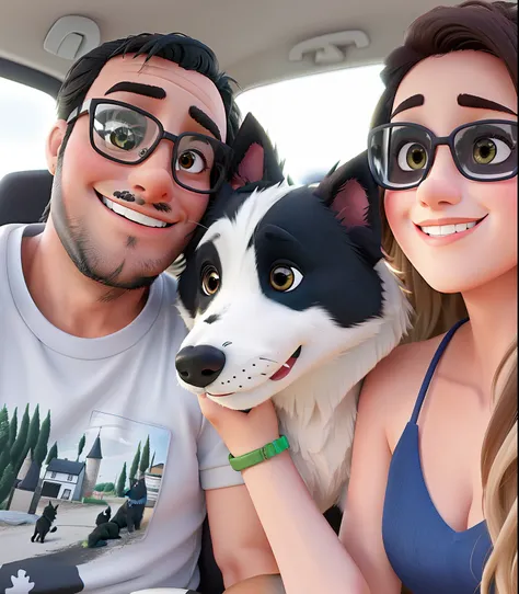 Um casal feliz com seu border collie no carro