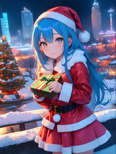 in a snowy city in winter,voluminous and fluffy santa costume,christmas tree,beautiful and fantastic night view,lightblue hair,o...