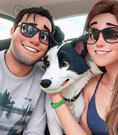 Um casal feliz com seu border collie no carro