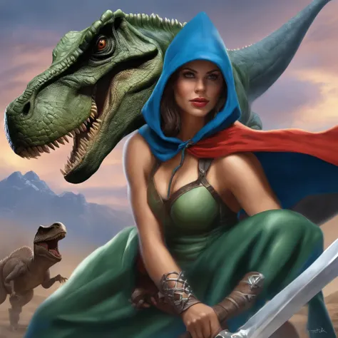 Dinosaurios de color verde oliva con lobos de color marron en la espalda, (((Beautiful girl in blue cape and hood is fighting t-rex dinosaurios with a futuristic machete in her hands))), 8k, Foto RAW, (Piel altamente detallada: 1.2), (Metamorfosis expuesta...