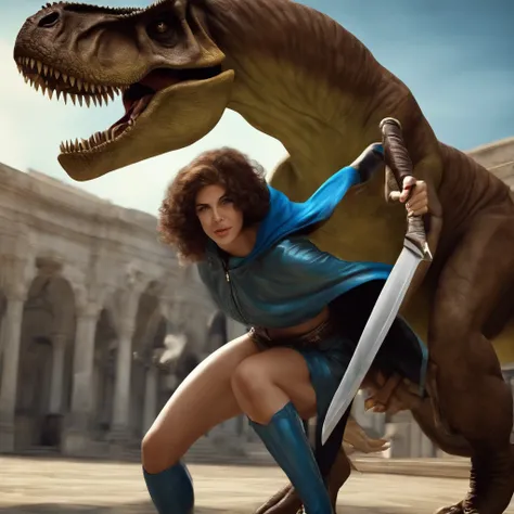 Dinosaurios de color verde oliva con lobos de color marron en la espalda, (((Beautiful girl in blue cape and hood is fighting t-rex dinosaurios with a futuristic machete in her hands))), 8k, Foto RAW, (Piel altamente detallada: 1.2), (Metamorfosis expuesta...