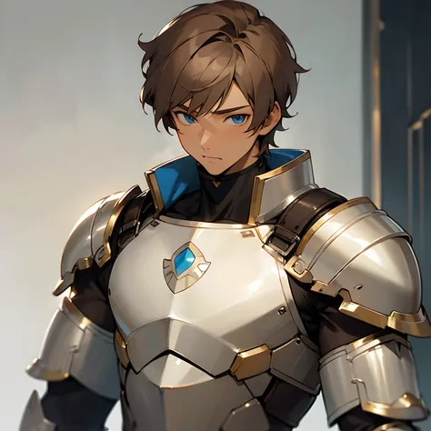 masterpiece, best quality, (anime man), mature, light tan skin, ((short brown hair)), blue eyes, silver armor, fit, handsome, kind, shy, in love