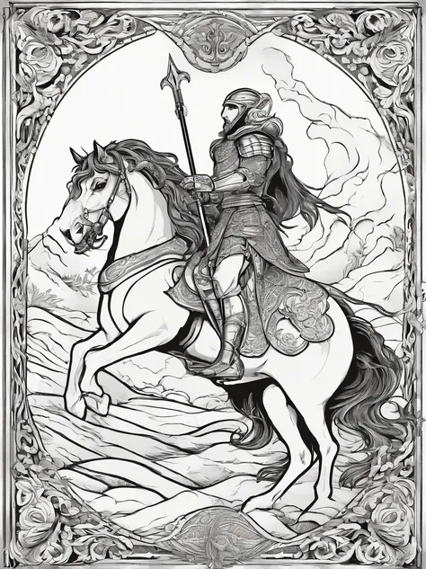 imagine a black and white image of a medieval knight thrusting his spear into the dragons chest, based on images of Saint George, line image, coloring book style, perfect hands, perfect feet. Perfect horse