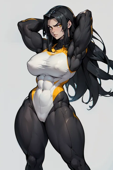 ((grey background))  pale skin black hair yellow eyes (very long hair) angry ((1 girl muscular toned body bodybuilder curvy wide hips thick thighs)) (solo) standing (arms over head) (skinsuit)