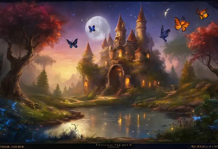 （（best qualtiy））， （（tmasterpiece））， （A detailed：1.4），Enhanced dynamic perspective，jungles，nighttime scene，starrysky，（darkly：1.4），（（Baby adventurer standing in front of supergiant butterfly，Butterflies spread their huge wings，shimmering under the moonlight，...