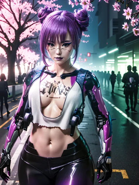 (masterpiece, best quality, highres:1.3)
 cyberritamoxbouncer, 1girl, solo, tattoo, make up, white crop top, purple hair, double...