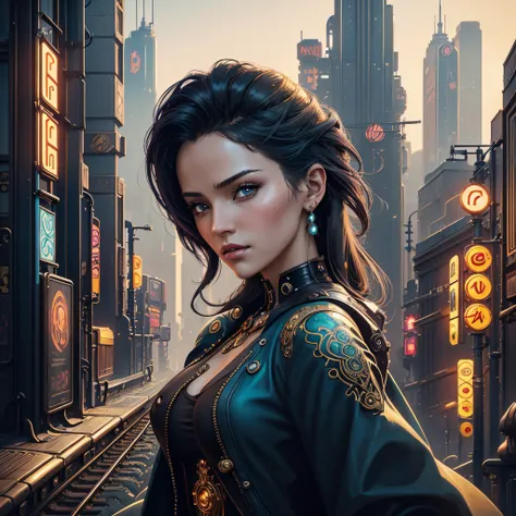 a close up of a woman with a train in the background, 4k highly detailed digital art, 4k detailed digital art, beautiful art uhd 4 k, art nouveau! cyberpunk! style, cyberpunk art nouveau, 8k stunning artwork, stylized urban fantasy artwork, digital art fan...