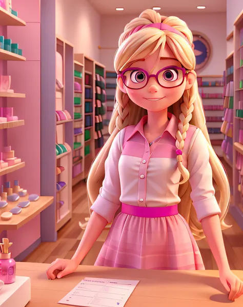 Make a 3D PIXAR STYLE girl with long blonde hair tied up, oval shaped face, fair skin, with a slight smile wearing a pink dress shirt and glasses while working in your perfume store