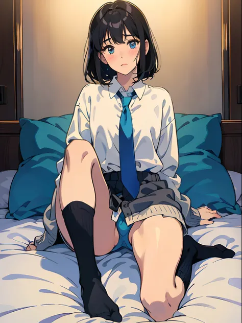 hight resolution、８K,cute little、Amazing beautiful girl,female high-school student、 Anime style, 、18year old、on the bed、A dark-haired、Glamour、Colossal tits、de pele branca、wide-open legs、Very embarrassing、red blush。 Best Quality , Textured skin、 high details...